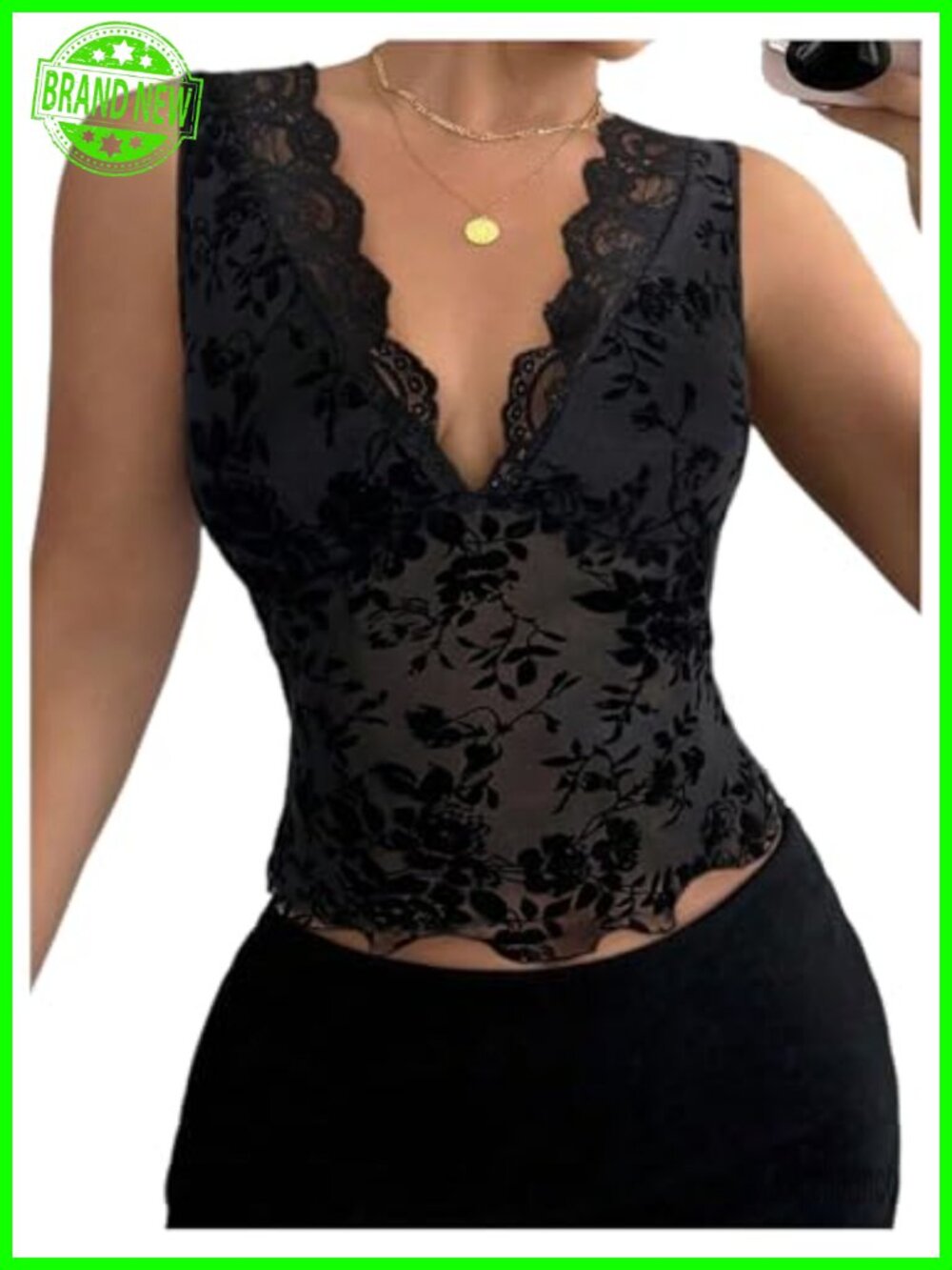 Women Sheer Mesh Lace Tank Top Sleeveless V Neck Crop Top